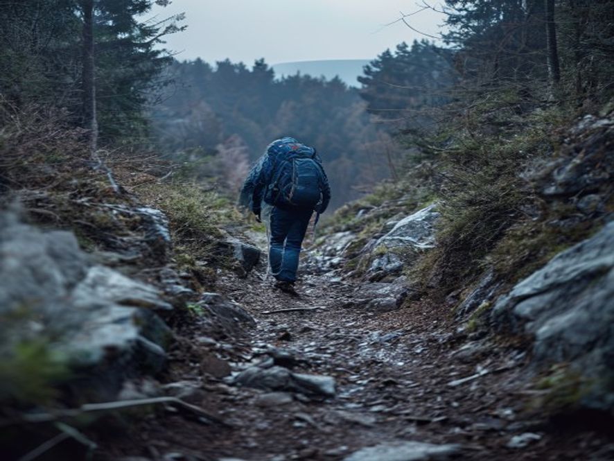 Hiker ascending a well-marked trail with clear path ahead and forest backdrop